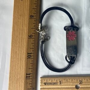 Medical Alert Bracelet Black Cord Pink Flower Charm Silver Tone‎ Adjustable